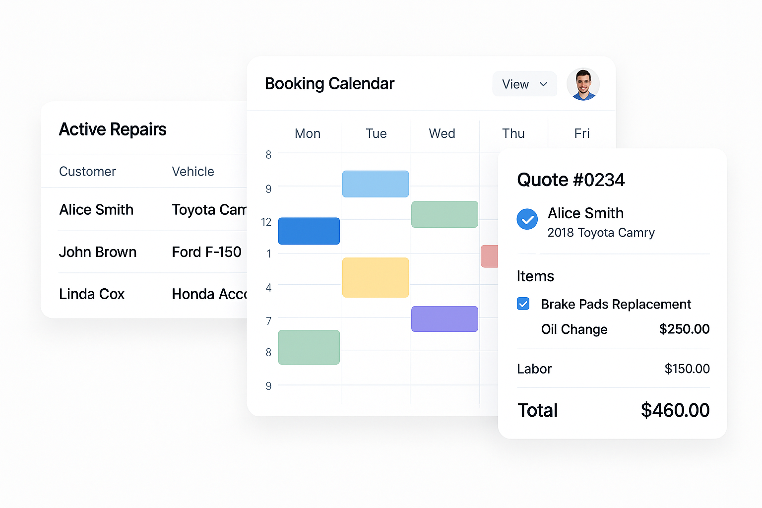 Mechanic scheduling calendar with drag-and-drop job board for auto repair shops
