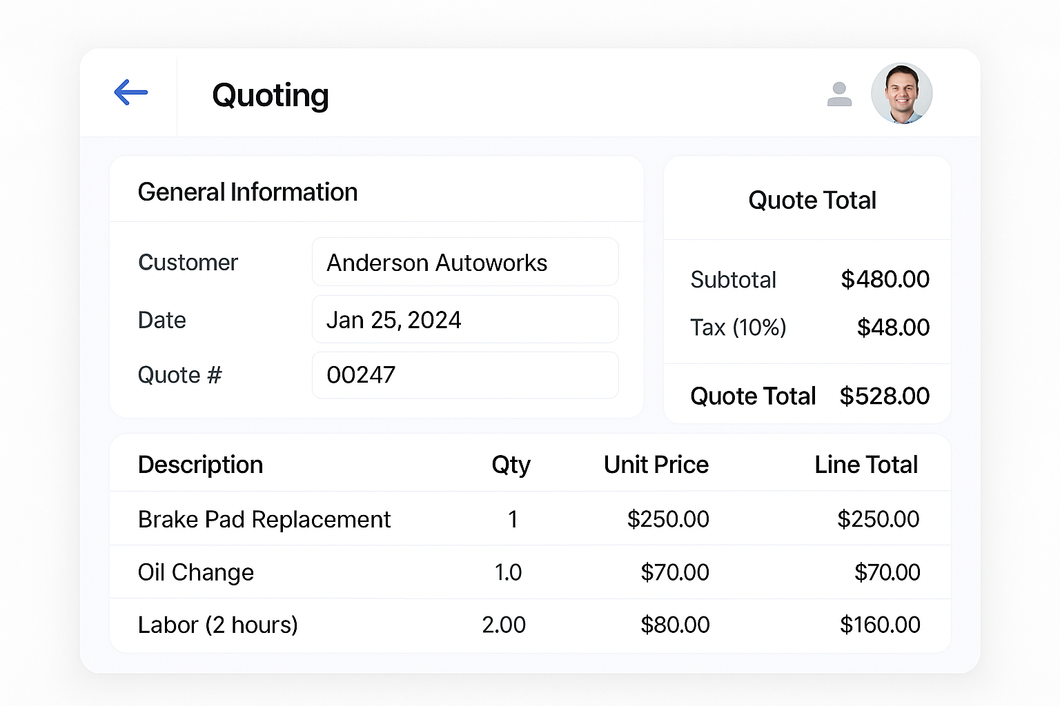 Auto repair quote generator with parts and labor breakdown for mechanics and garages