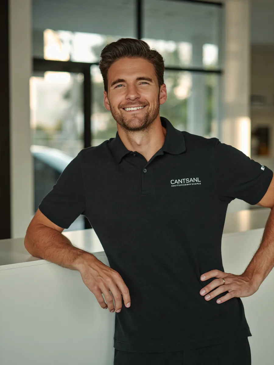 Relaxed Australian workshop owner at the counter with a paid Motara invoice synced to Xero
